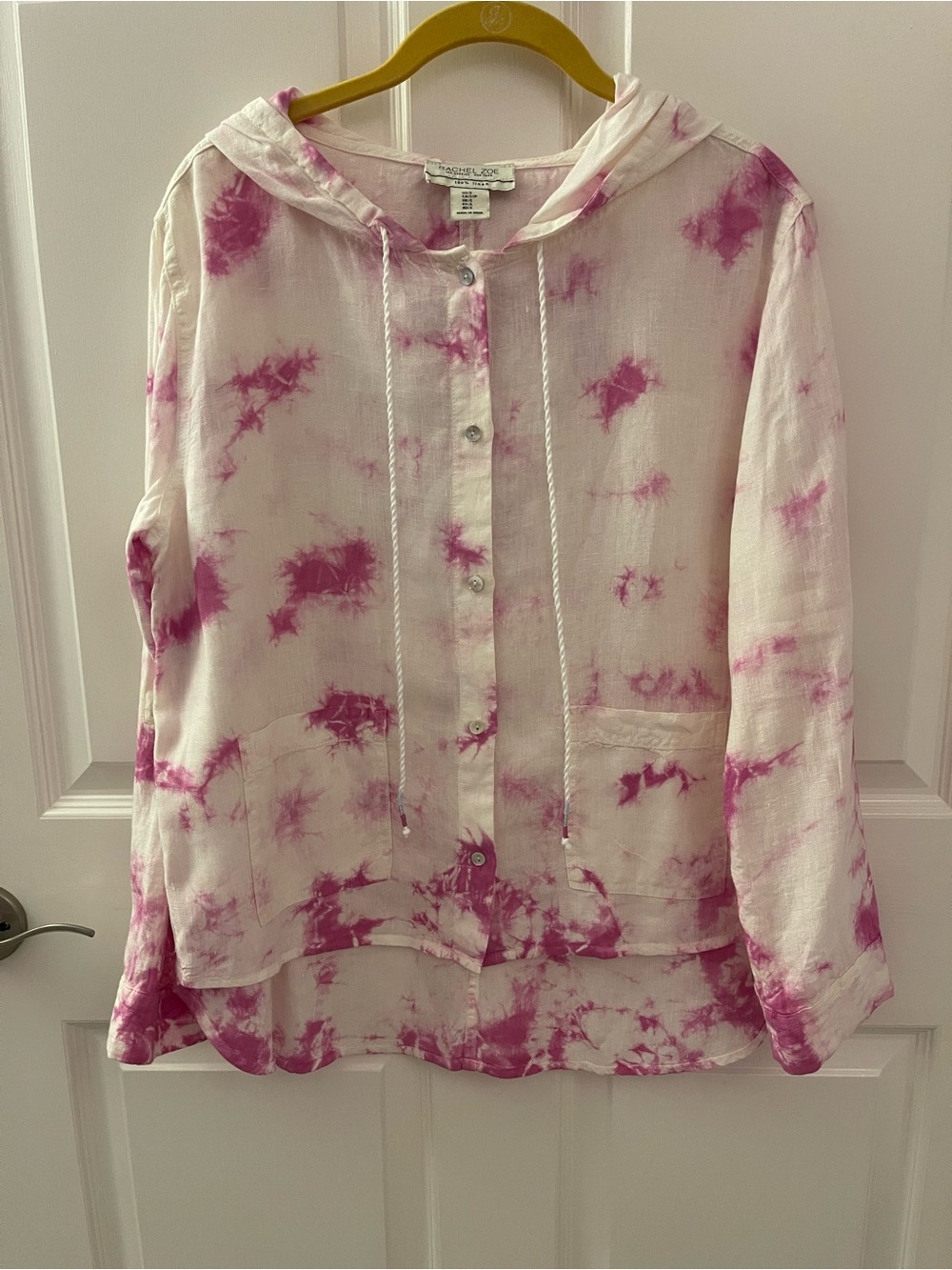 Rachel Zoe Pink and White Tie-Dye Hooded Button-Down Linen Shirt